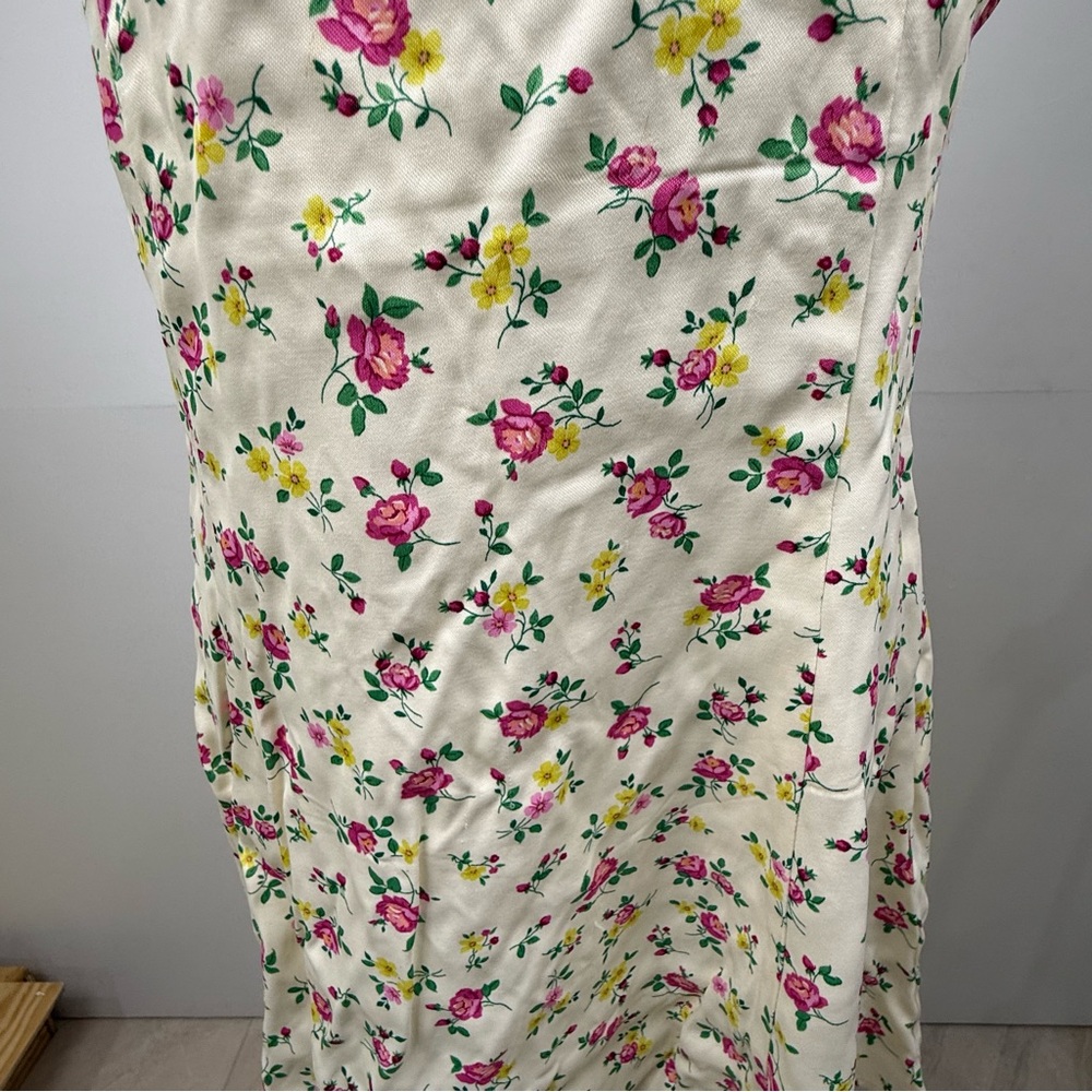 ZARA Floral Slip Dress Cream Pink Yellow Roses | Ruched Bust Midi Dress | M - Picture 10 of 10